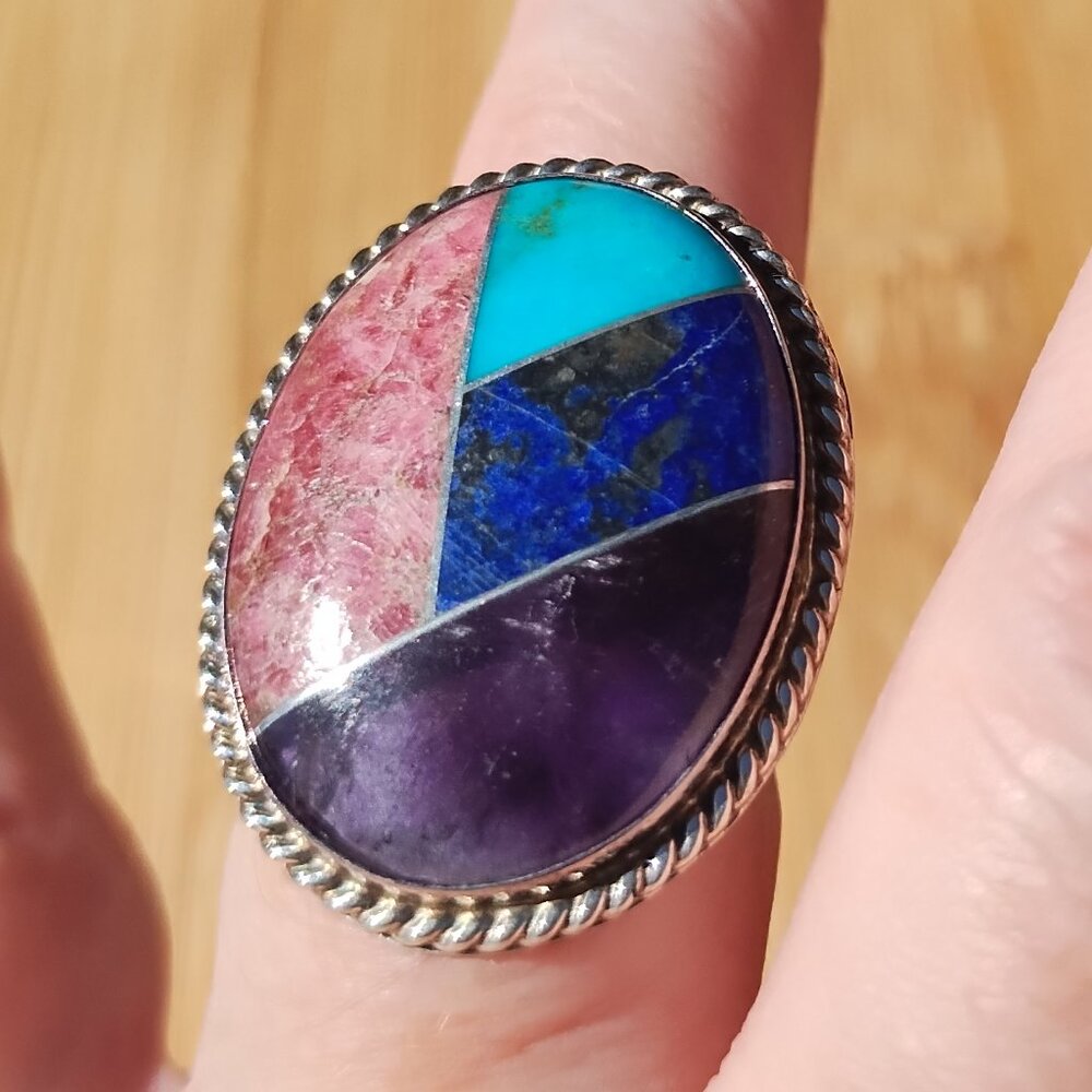 Jay King DTR multi stone Turquoise Lapis inlay ring 925 Sterling Silver size 10 - Picture 9 of 10